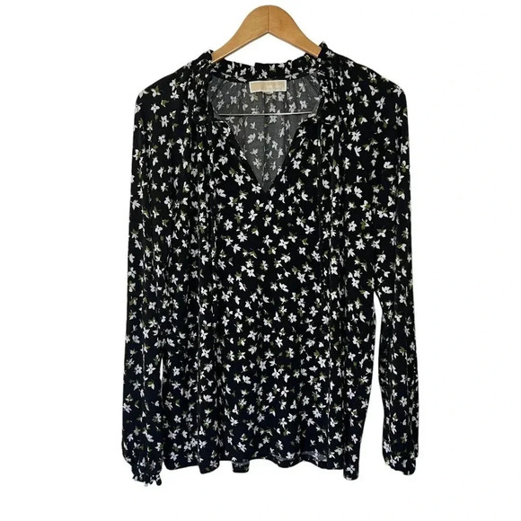 Michael Kors Floral Blouse Jersey Knit Stretch Back and White Green Ruffled Trim - Picture 1 of 4